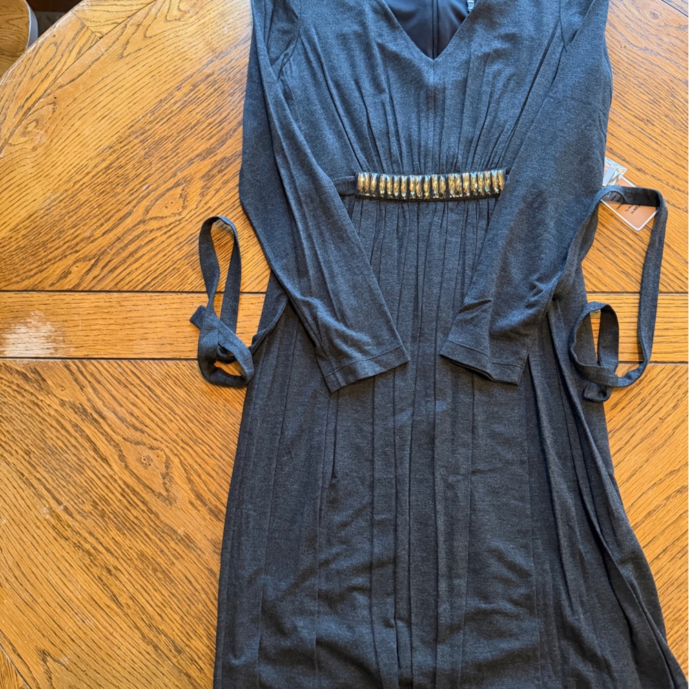 Nue by Shani Long Sleeve Dress in Charcoal with Gold Accents